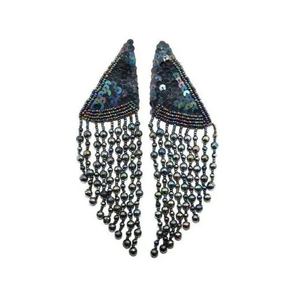 Vintage 80s Glass Beaded Iridescent Peacock Fringe Statement Runway Earrings 6